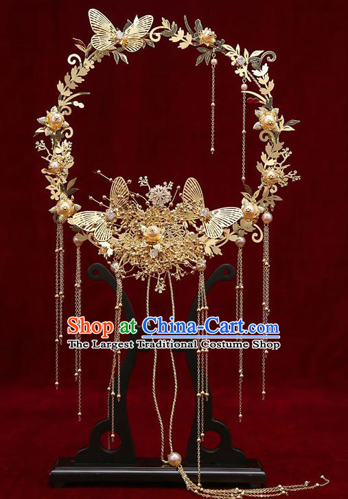 Chinese Traditional Wedding Golden Butterfly Fan Ancient Bride Palace Fans for Women