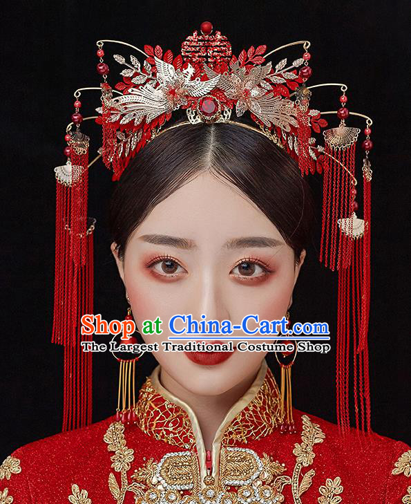 Top Chinese Traditional Red Tassel Phoenix Coronet Wedding Bride Handmade Hairpins Hair Accessories Complete Set