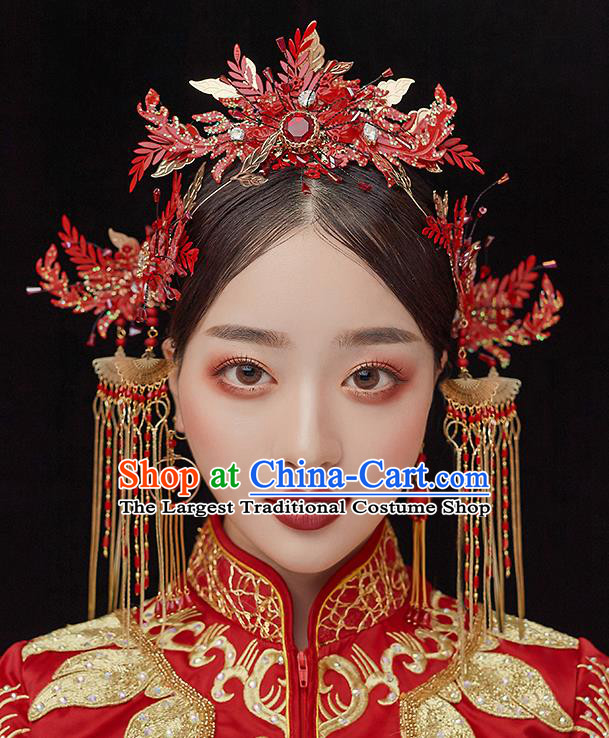 Top Chinese Traditional Red Phoenix Coronet Wedding Bride Handmade Hairpins Hair Accessories Complete Set