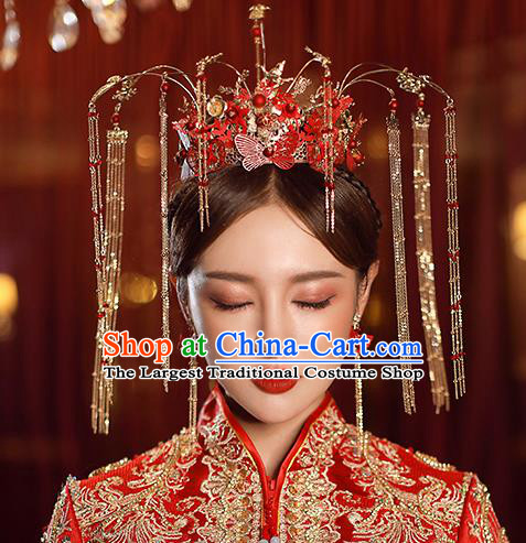 Top Chinese Traditional Bride Red Butterfly Hair Crown Handmade Wedding Tassel Hairpins Hair Accessories Complete Set