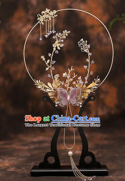 Chinese Traditional Wedding Pink Butterfly Fan Ancient Bride Palace Fans for Women