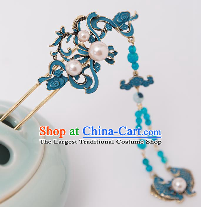 Top Chinese Traditional Blue Fishes Hair Clip Handmade Hanfu Tassel Hairpins Hair Accessories for Women