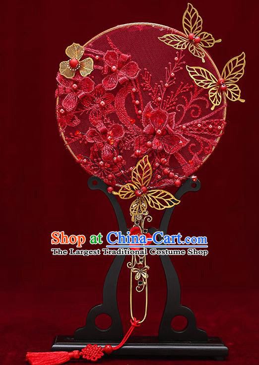 Chinese Traditional Wedding Red Lace Flowers Round Fan Ancient Bride Palace Fans for Women