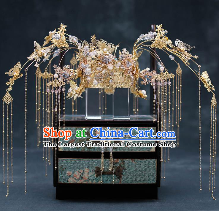 Top Chinese Traditional Bride Golden Butterfly Tassel Phoenix Coronet Handmade Wedding Tassel Hairpins Hair Accessories Complete Set