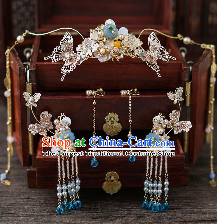 Top Chinese Traditional Bride Tassel Hair Crown Handmade Hairpins Wedding Hair Accessories Complete Set