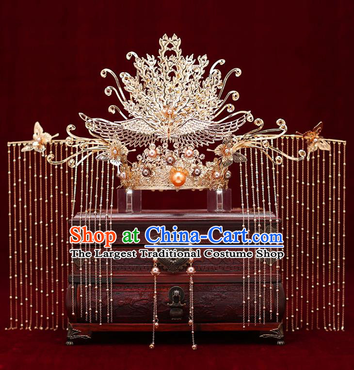 Top Chinese Traditional Bride Phoenix Coronet Handmade Golden Hairpins Wedding Hair Accessories Complete Set