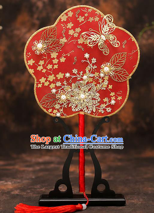 Chinese Traditional Wedding Prop Red Silk Plum Fan Ancient Bride Palace Fans for Women