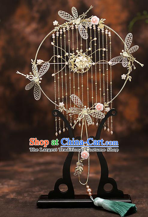 Chinese Traditional Wedding Prop Golden Dragonfly Tassel Fan Ancient Bride Palace Fans for Women