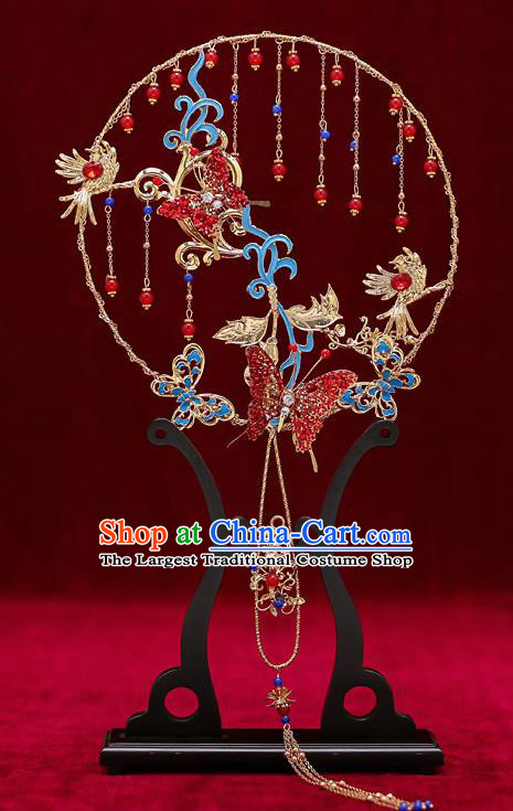 Chinese Traditional Wedding Prop Red Crystal Butterfly Round Fan Ancient Bride Palace Fans for Women