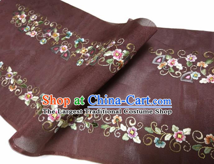 Asian Chinese Traditional Embroidered Flowers Pattern Design Brown Silk Fabric China Hanfu Silk Material