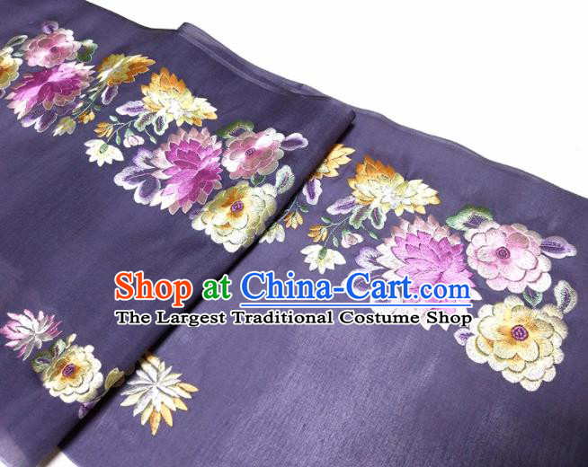 Asian Chinese Traditional Embroidered Chrysanthemum Peony Pattern Design Purple Silk Fabric China Hanfu Silk Material