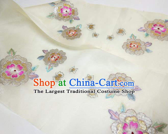 Asian Chinese Traditional Embroidered Camellia Pattern Design White Silk Fabric China Hanfu Silk Material