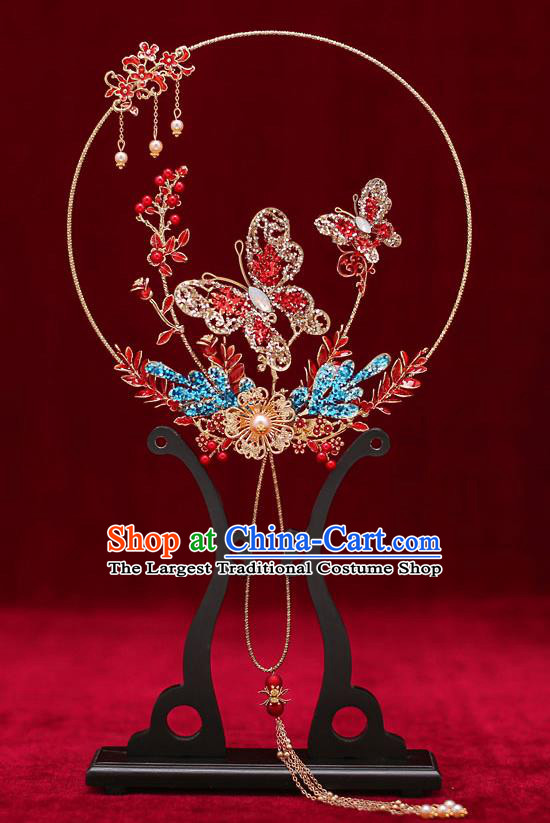 Chinese Traditional Wedding Prop Opal Butterfly Round Fan Ancient Bride Palace Fans for Women