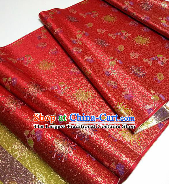 Asian Chinese Traditional Longevity Chrysanthemum Pattern Design Red Brocade Silk Fabric China Hanfu Satin Material