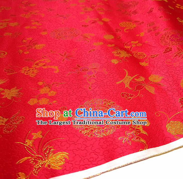 Asian Chinese Traditional Bamboo Peony Pattern Design Red Brocade Silk Fabric China Hanfu Satin Material