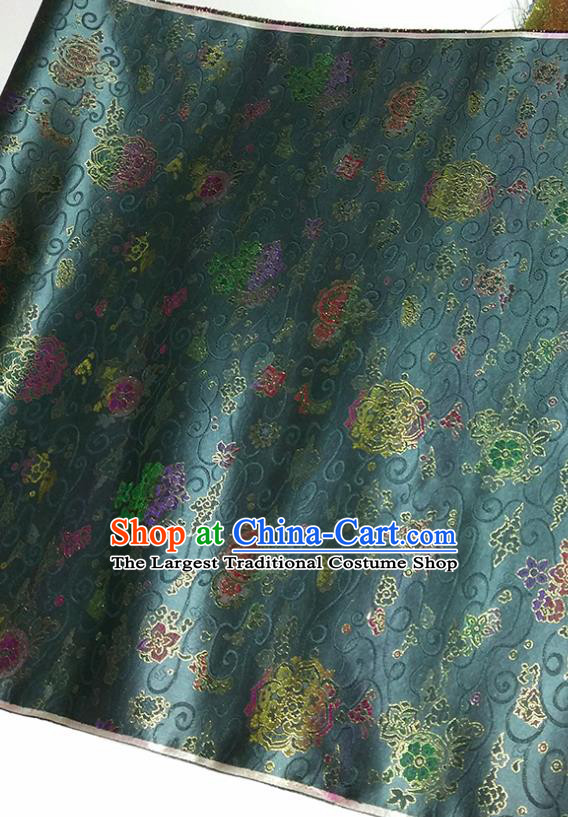 Asian Chinese Traditional Treasure Flowers Pattern Design Peacock Green Brocade Silk Fabric China Hanfu Satin Material