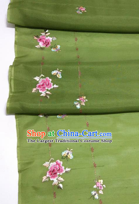 Chinese Traditional Embroidered Peony Pattern Design Olive Green Silk Fabric Asian China Hanfu Silk Material