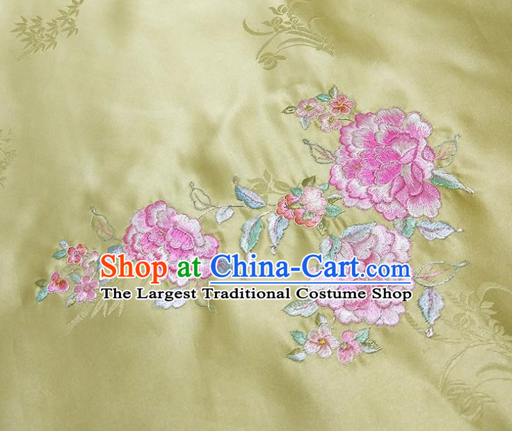 Chinese Traditional Embroidered Peony Pattern Design Light Green Silk Fabric Asian Brocade China Hanfu Satin Material