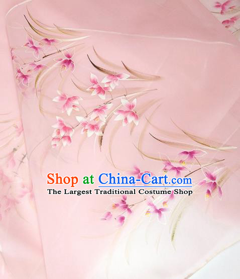 Chinese Traditional Embroidered Orchid Pattern Design Pink Silk Fabric Asian China Hanfu Silk Material