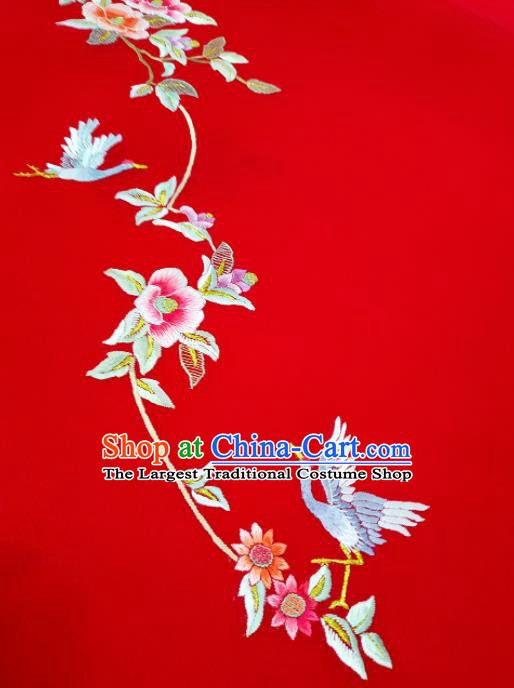 Chinese Traditional Embroidered Crane Flowers Pattern Design Red Silk Fabric Asian China Hanfu Silk Material