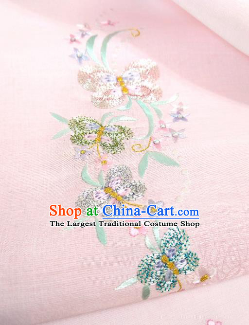 Chinese Traditional Embroidered Butterfly Pattern Design Pink Silk Fabric Asian China Hanfu Silk Material