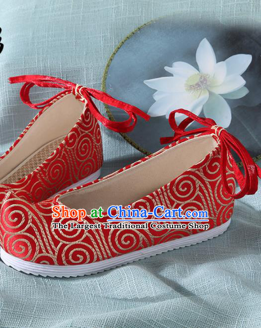 Chinese Handmade Red Brocade Bow Shoes Traditional Ming Dynasty Hanfu Shoes Princess Shoes for Women