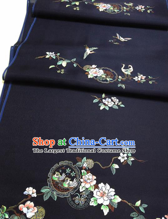 Chinese Traditional Crane Flowers Pattern Design Navy Silk Fabric Asian China Hanfu Silk Material