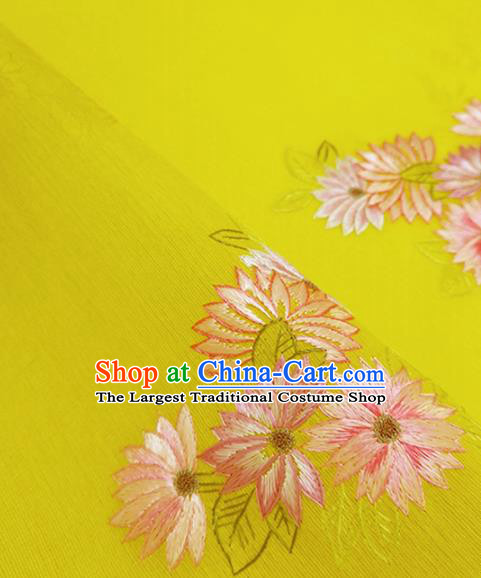 Chinese Traditional Embroidered Chrysanthemum Pattern Design Yellow Silk Fabric Asian China Hanfu Silk Material