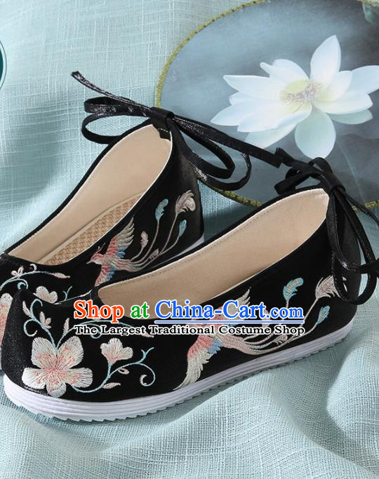 Chinese Handmade Embroidered Plum Bird Black Bow Shoes Traditional Ming Dynasty Hanfu Shoes Princess Shoes for Women