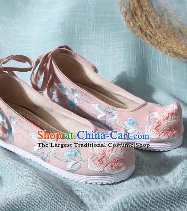 Chinese Handmade Embroidered Peony Pink Bow Shoes Traditional Ming Dynasty Hanfu Shoes Princess Shoes for Women