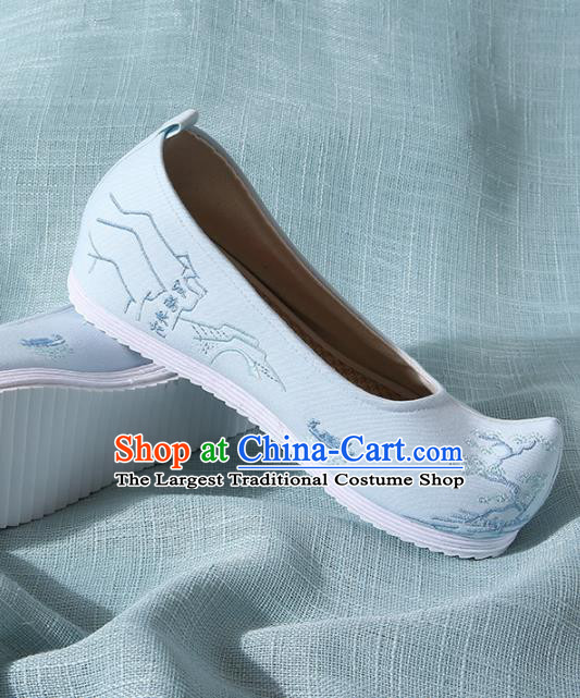 Chinese Handmade Embroidered Pine Blue Bow Shoes Traditional Ming Dynasty Hanfu Shoes Princess Shoes for Women