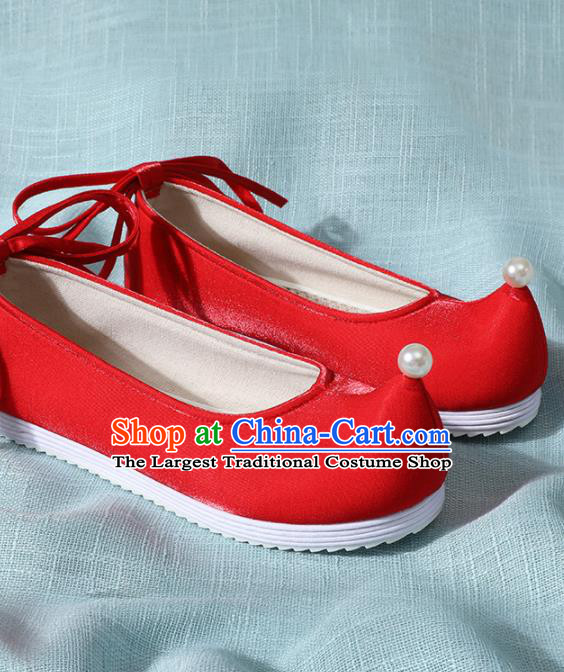 Chinese Handmade Pearl Red Shoes Traditional Ming Dynasty Hanfu Shoes Princess Shoes for Women