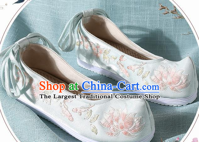 Chinese Handmade Embroidered Lotus Light Green Bow Shoes Traditional Ming Dynasty Hanfu Shoes Princess Shoes for Women