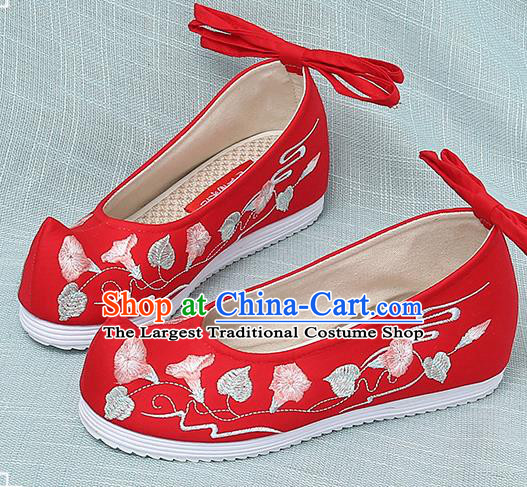 Chinese Handmade Embroidered Petunia Red Bow Shoes Traditional Ming Dynasty Hanfu Shoes Princess Shoes for Women