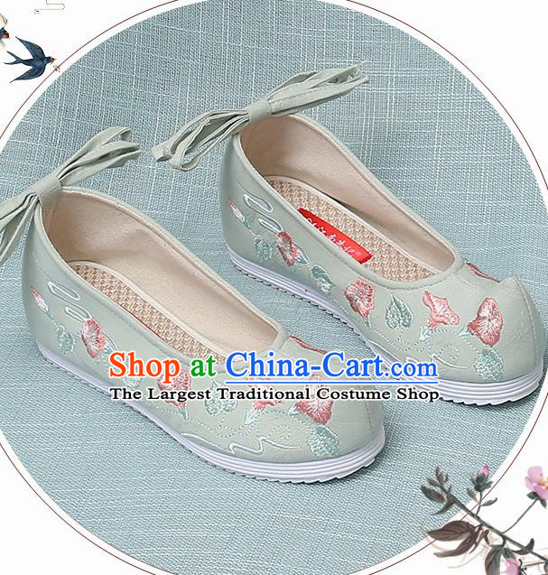 Chinese Handmade Embroidered Petunia Green Bow Shoes Traditional Ming Dynasty Hanfu Shoes Princess Shoes for Women