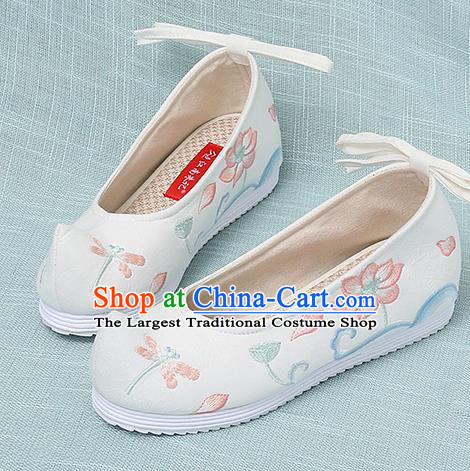 Chinese Handmade Embroidered Dragonfly Lotus White Bow Shoes Traditional Ming Dynasty Hanfu Shoes Princess Shoes for Women