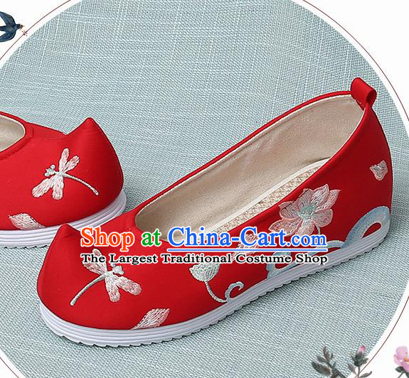 Chinese Handmade Embroidered Dragonfly Lotus Red Bow Shoes Traditional Ming Dynasty Hanfu Shoes Princess Shoes for Women