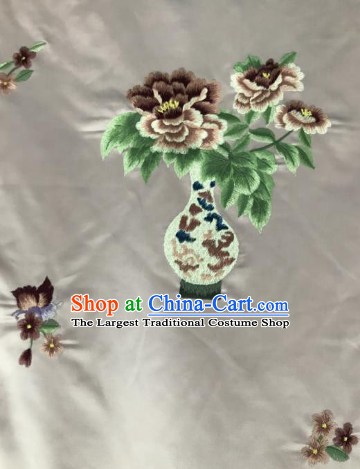 Chinese Traditional Embroidered Peony Vase Pattern Design Pink Silk Fabric Asian China Hanfu Silk Material