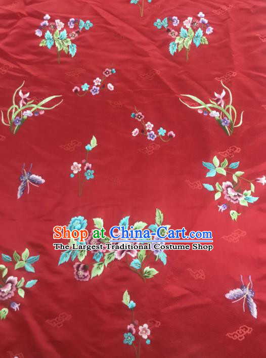 Chinese Traditional Embroidered Orchid Peony Pattern Design Red Silk Fabric Asian China Hanfu Silk Material