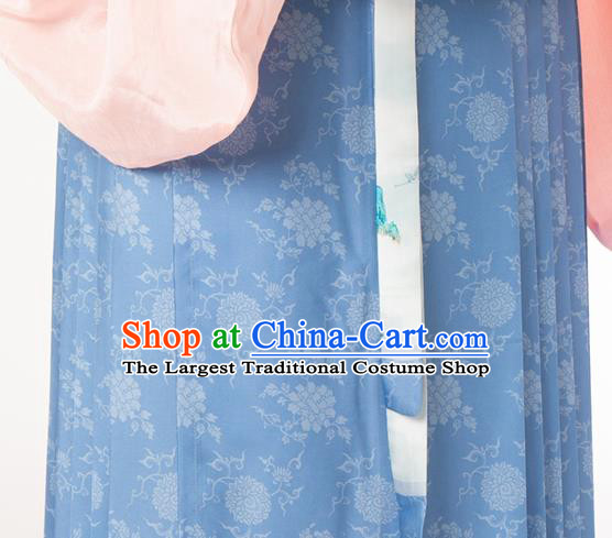 Chinese Traditional Lotus Pattern Design Blue Brocade Fabric Asian Satin China Hanfu Satin Material