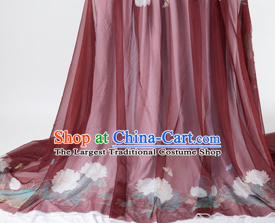 Chinese Traditional Printing Peony Pattern Design Red Chiffon Fabric Asian China Hanfu Material