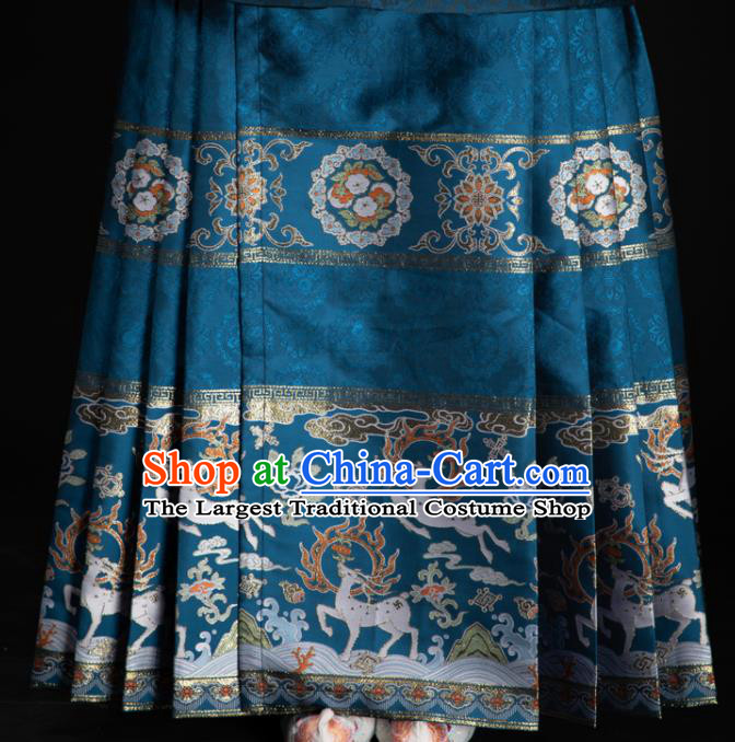 Chinese Traditional Colorful Deer Pattern Design Blue Brocade Fabric Asian China Satin Hanfu Material