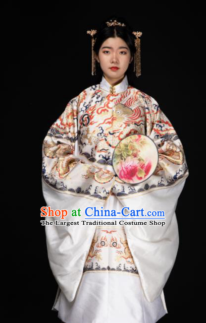 Chinese Traditional Dragon Pattern Design White Brocade Fabric Asian China Hanfu Satin Material