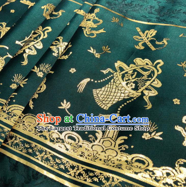 Chinese Traditional Eight Immortals Pattern Design Deep Green Brocade Fabric Asian China Satin Hanfu Material