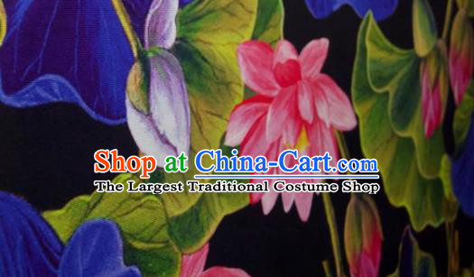 Chinese Traditional Lotus Pattern Design Black Silk Fabric Asian China Hanfu Gambiered Guangdong Mulberry Silk Material