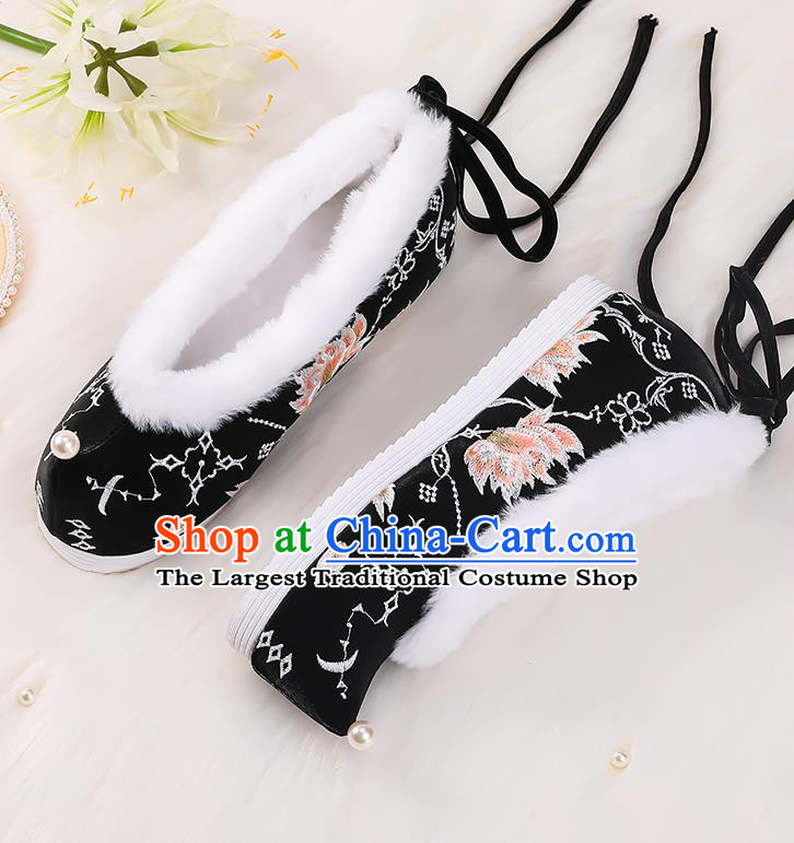 Asian Chinese Winter Shoes Embroidered Black Bow Shoes Traditional Opera Shoes Hanfu Shoes for Women