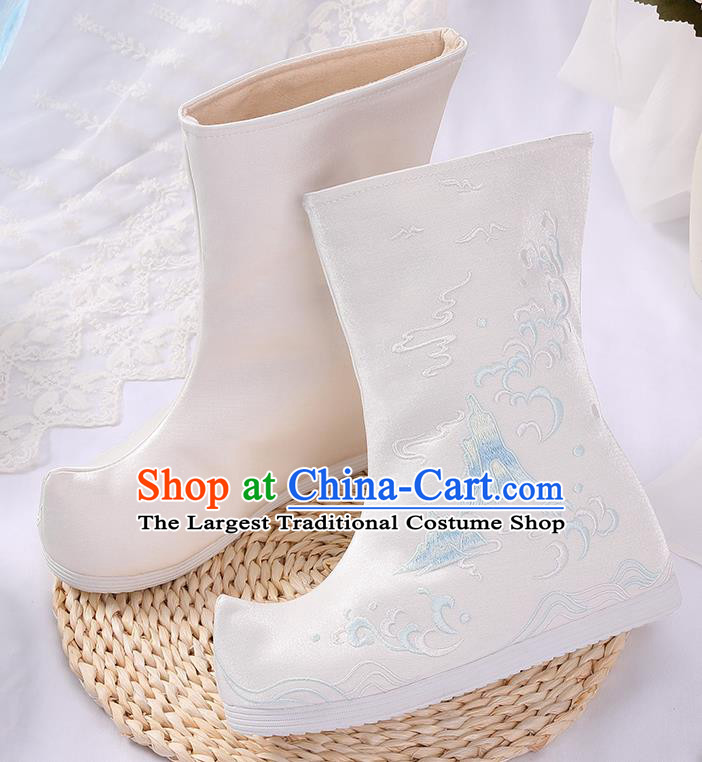 Asian Chinese White Embroidered Cloud Mount Boots Traditional Opera Boots Hanfu Shoes for Women