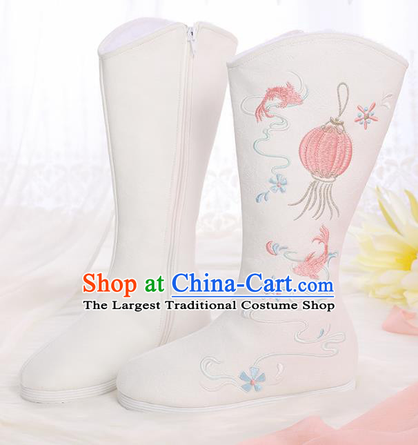 Asian Chinese White Embroidered Lantern Boots Traditional Opera Boots Hanfu Shoes for Women