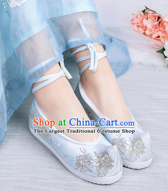 Asian Chinese Winter Light Blue Bow Shoes Embroidered Epiphyllum Shoes Traditional Opera Shoes Hanfu Shoes for Women