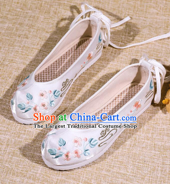 Asian Chinese Satin Shoes Embroidered Flowers White Shoes Traditional Opera Shoes Hanfu Shoes for Women